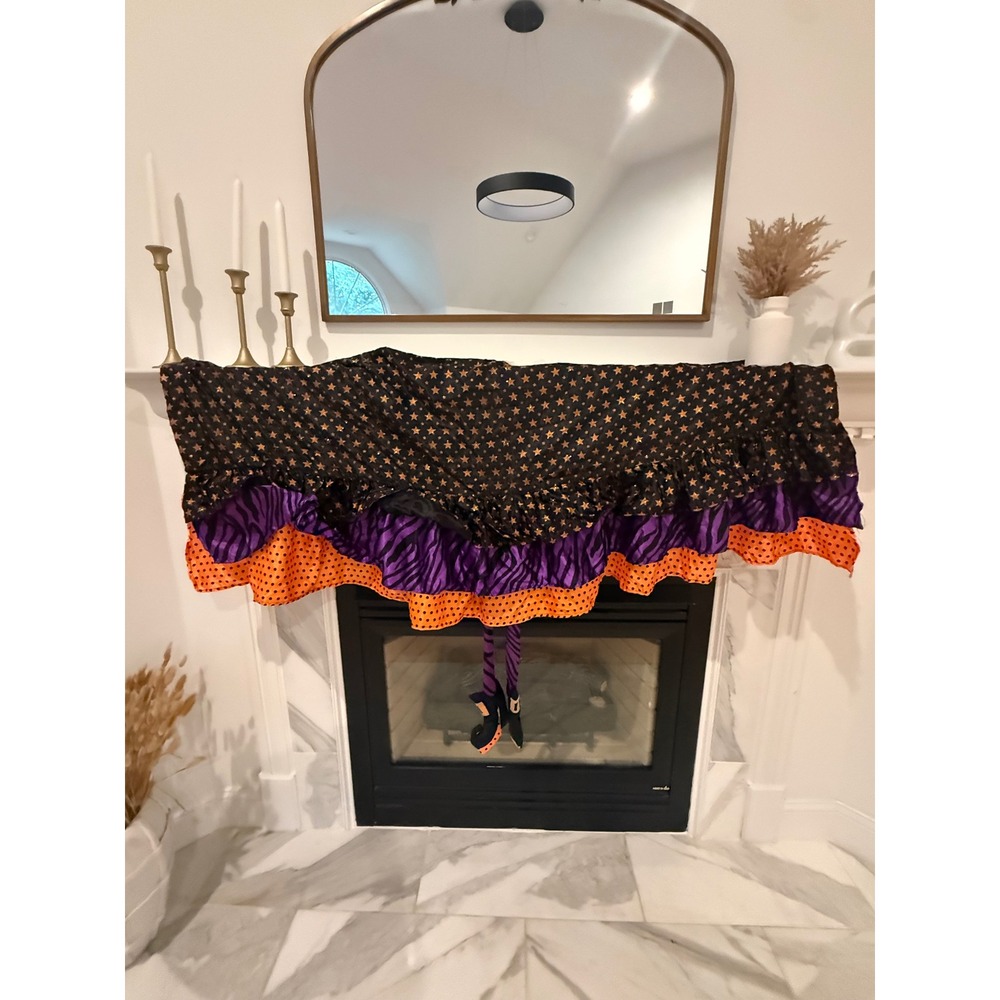 Pier 1 Imports Halloween Mantel Scarf Witch Legs Ruffle Stars Polka Dot 58x38